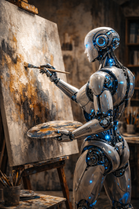 robot standing and painting with a brush on a canvas like a human artist painter